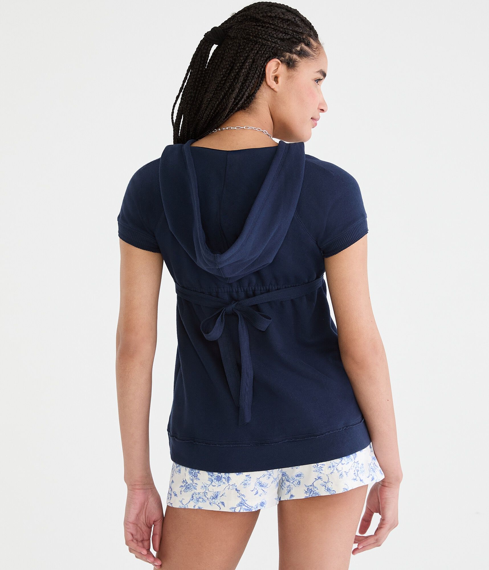 Short Sleeve Babydoll Tie-Back V-Neck Fleece Hoodie
