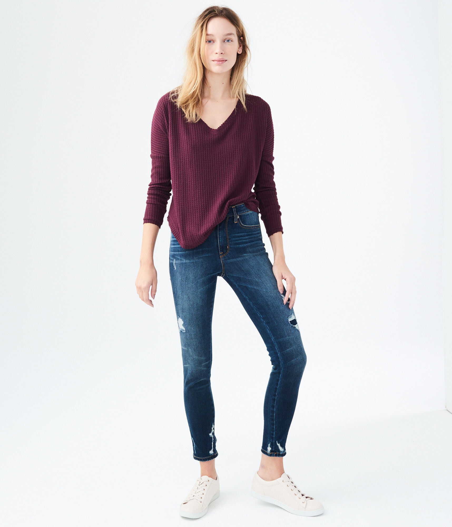 Long Sleeve Waffle V-Neck Tee