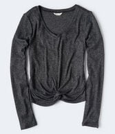 Long Sleeve Solid Twist-Front V-Neck Top