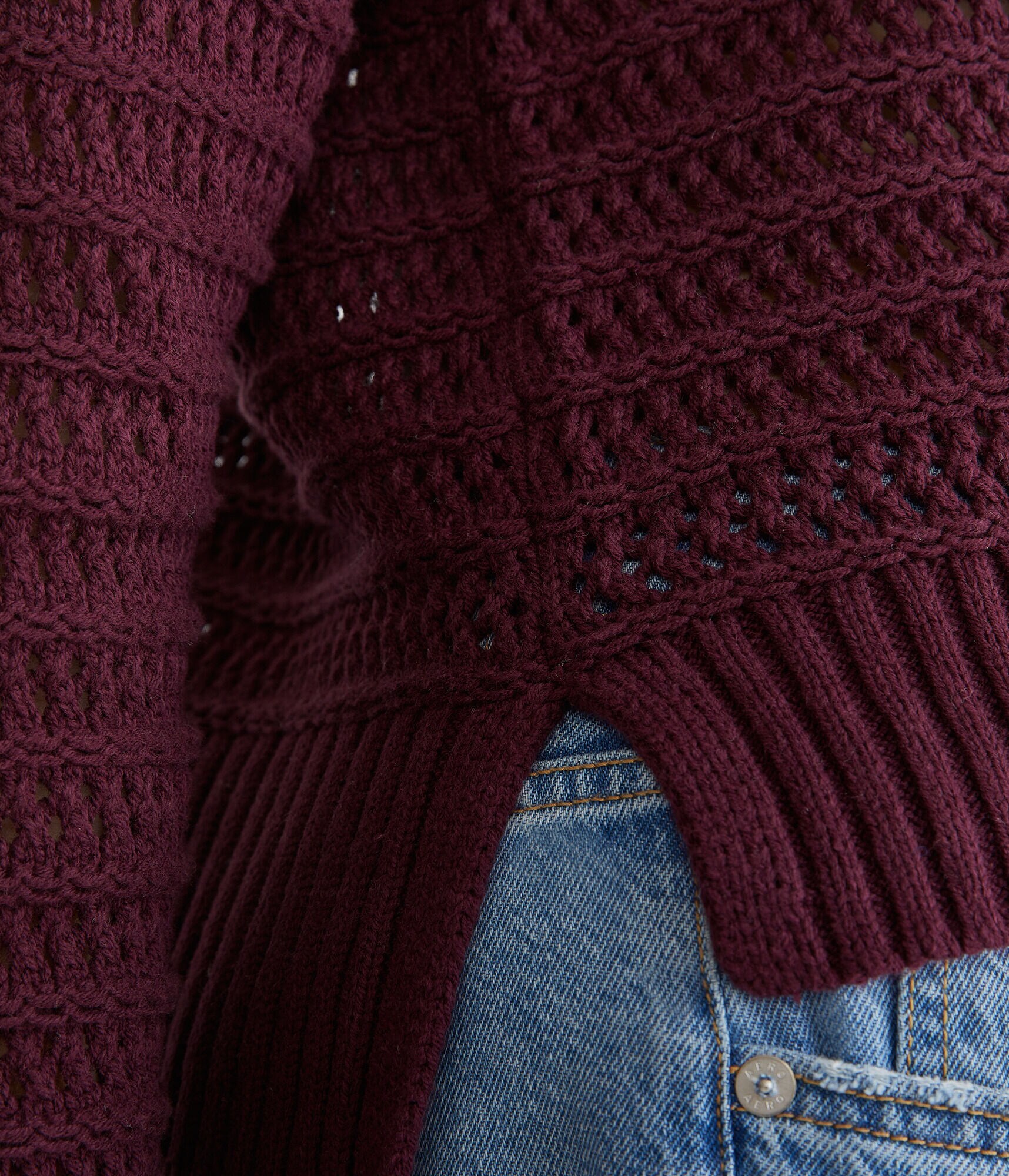 Open Knit High-Low Crew Sweater