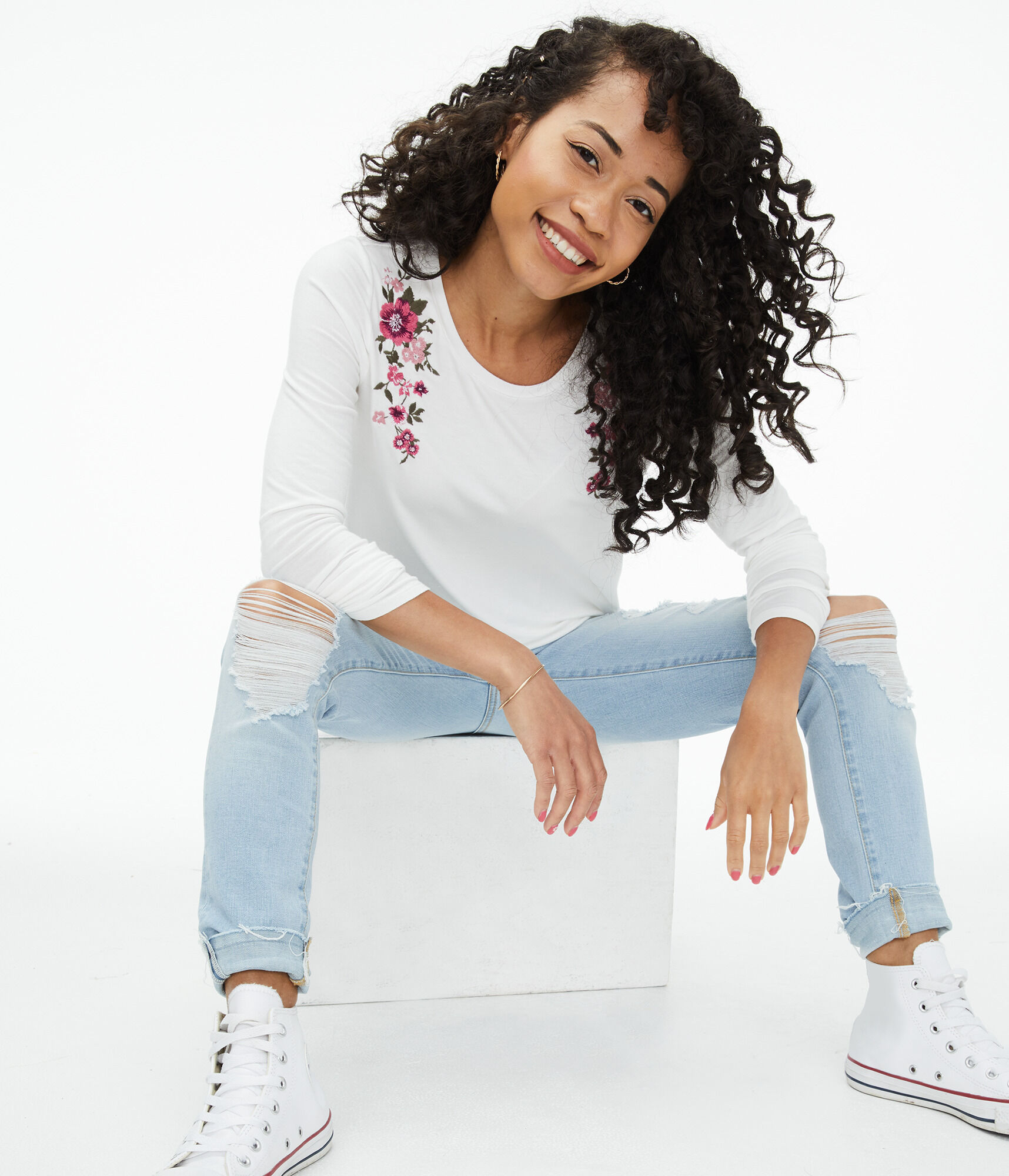 Long Sleeve Seriously Soft Floral Embroidered Crew Tee