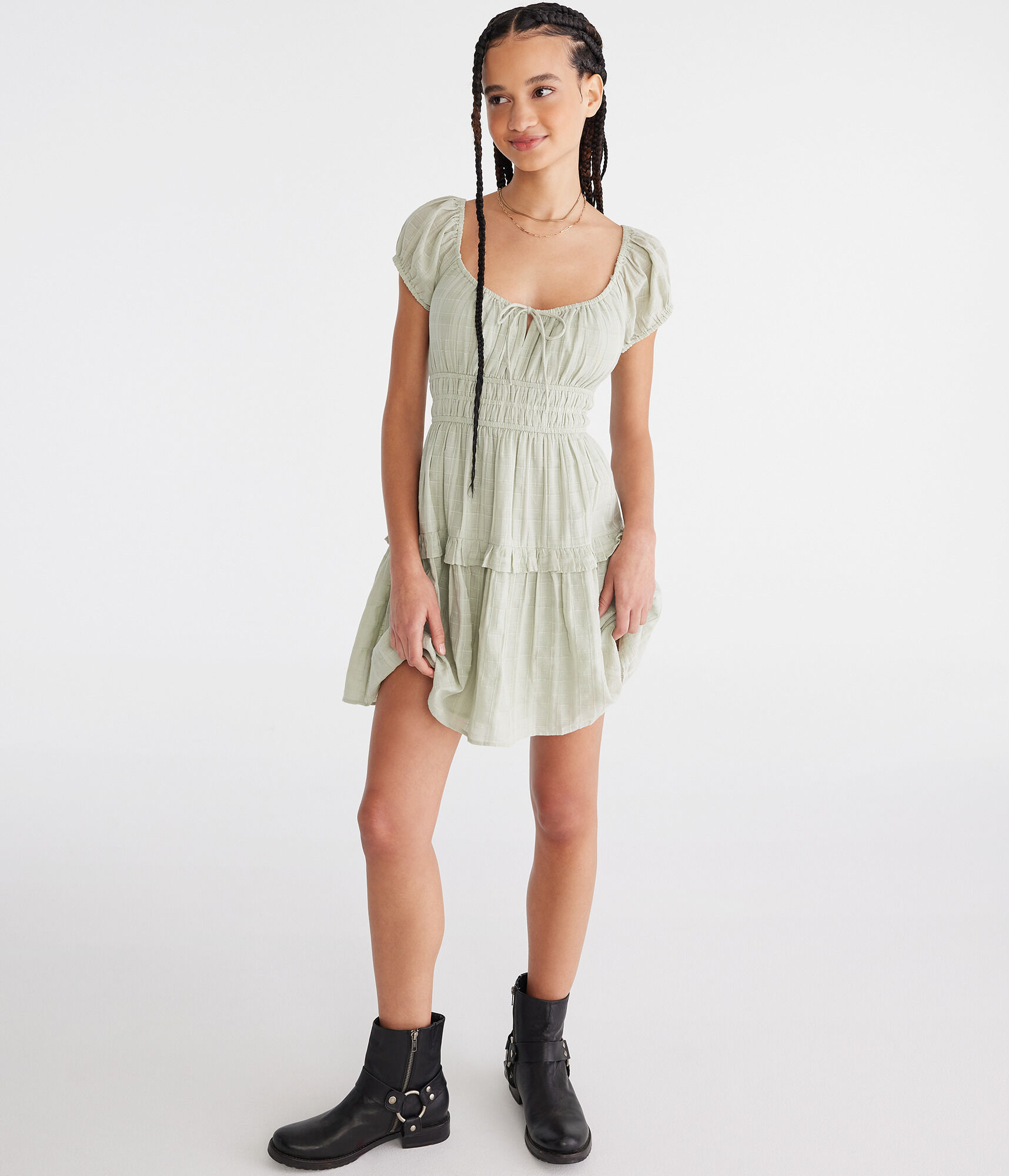 Solid Scoop-Neck Ruffled Fit & Flare Dress
