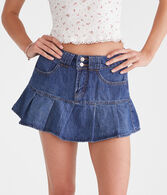 Low-Rise Pleated Denim Mini Skort