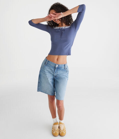 3/4 Sleeve Ribbon Off-The-Shoulder Tee 3/4 Sleeve Ribbon Off-The-Shoulder Tee