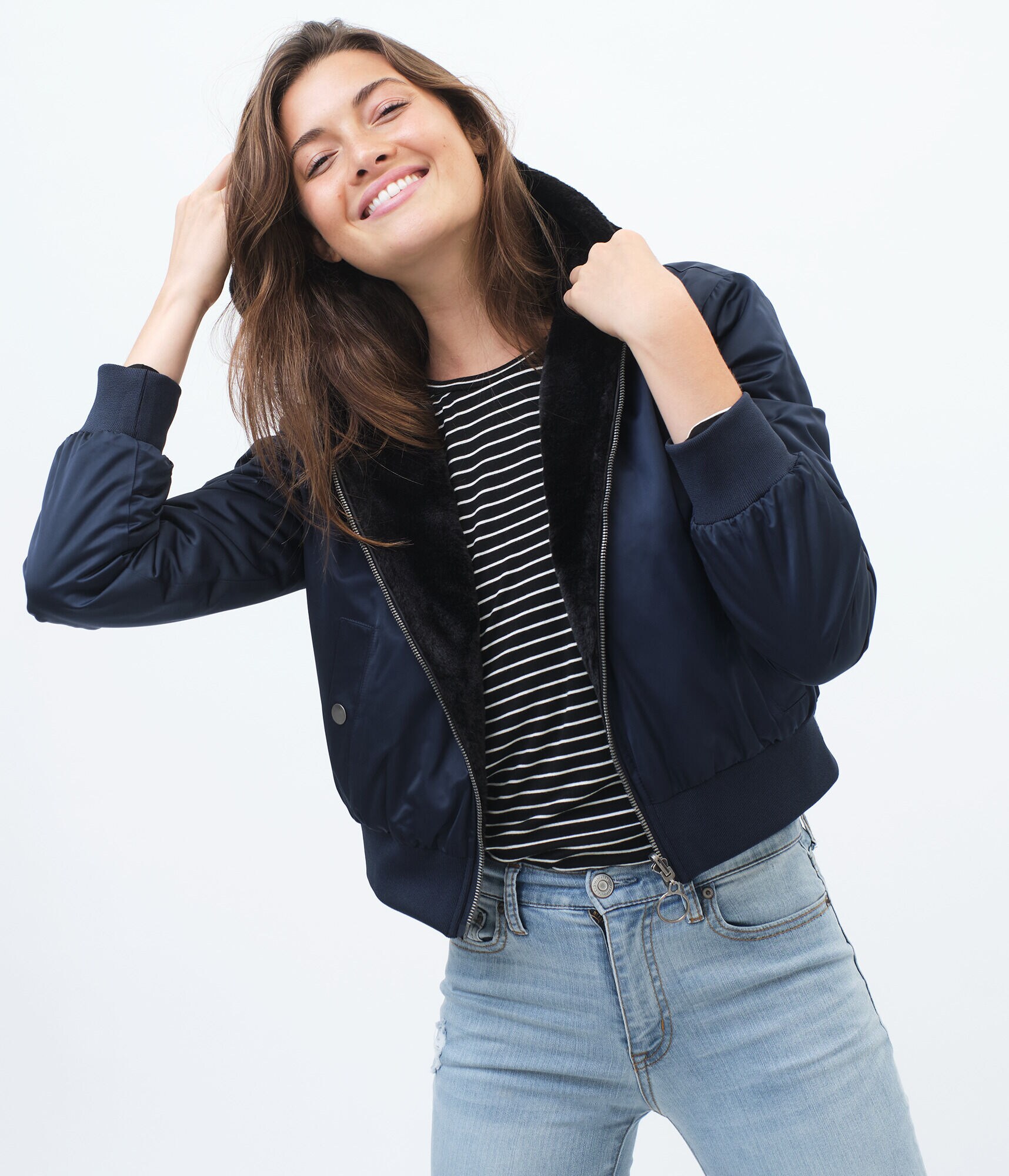 Reversible Woven &amp; Faux Fur Hooded Jacket