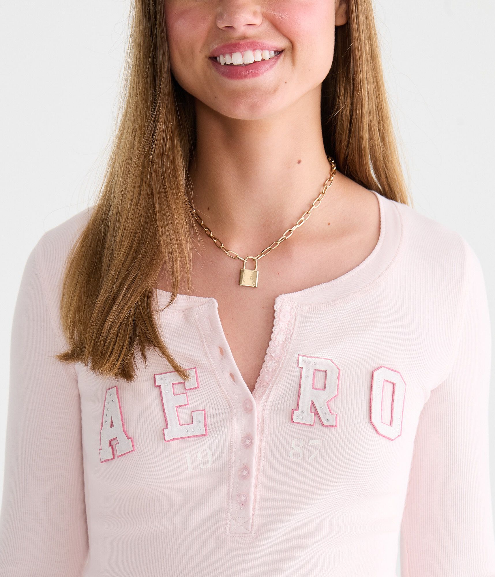 Long Sleeve Rhinestone Logo Henley