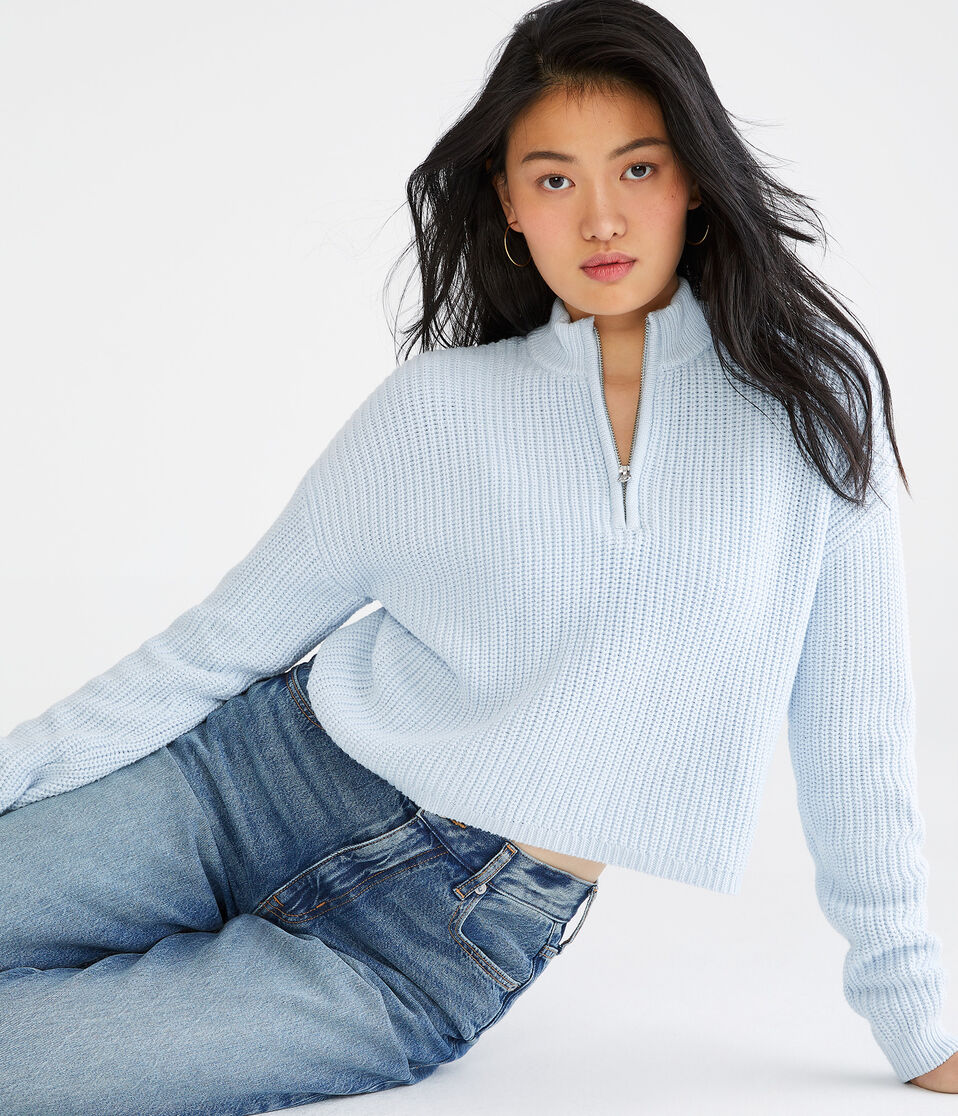 Ribbed 1/2-Zip Mock-Neck Sweater