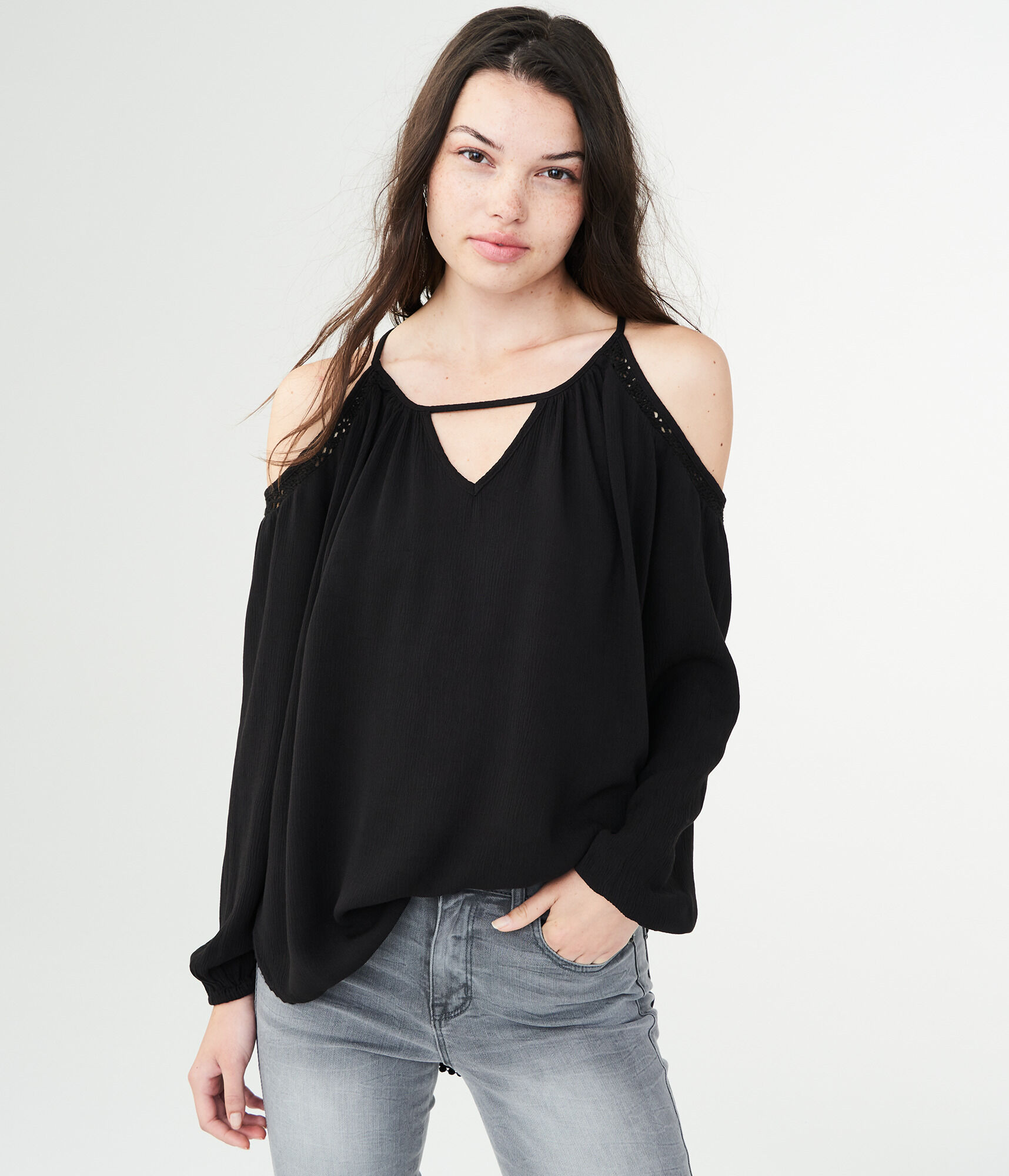Long Sleeve Lace-Trim Cold-Shoulder Top