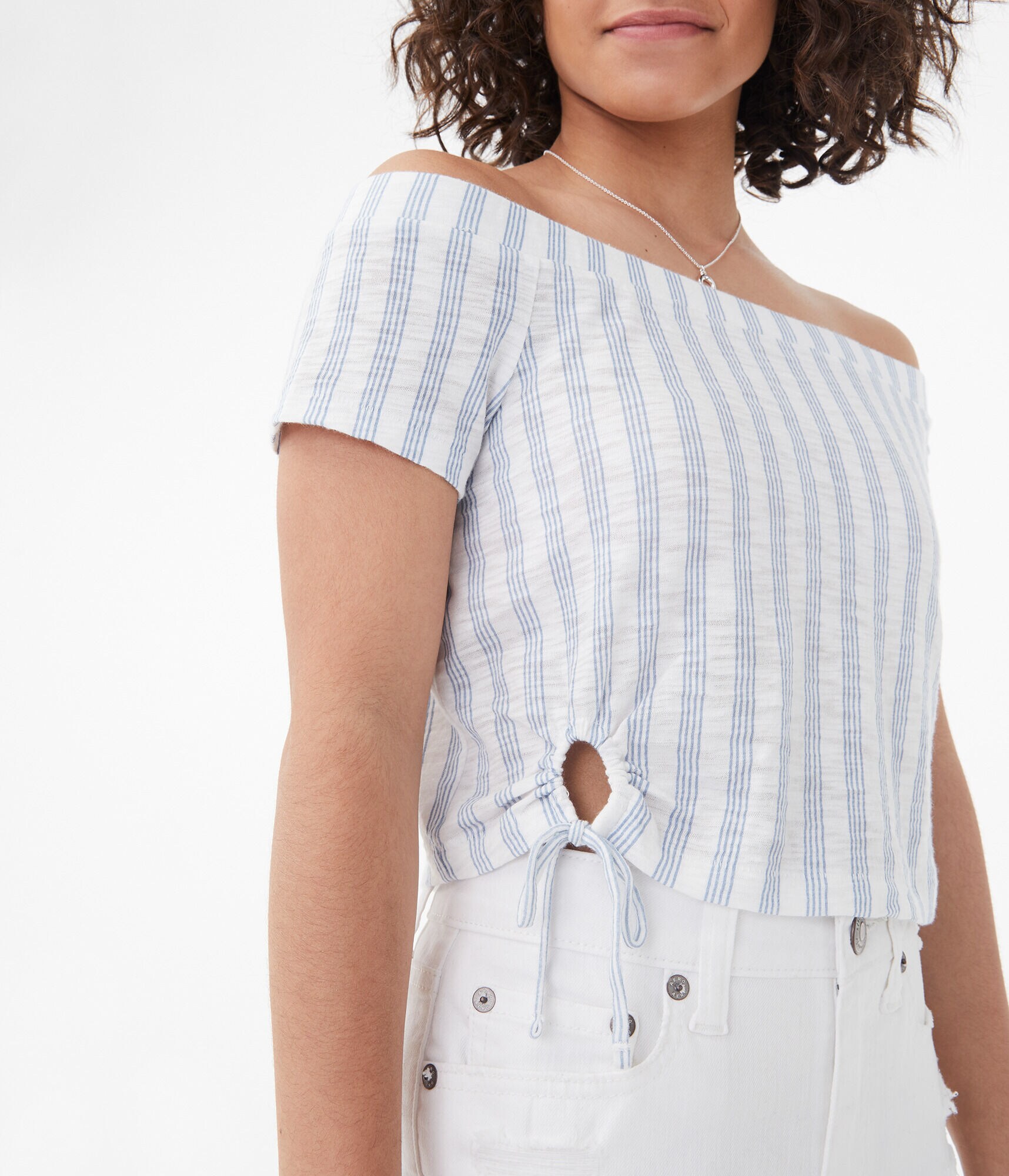 Striped Tie Keyhole Off-The-Shoulder Top