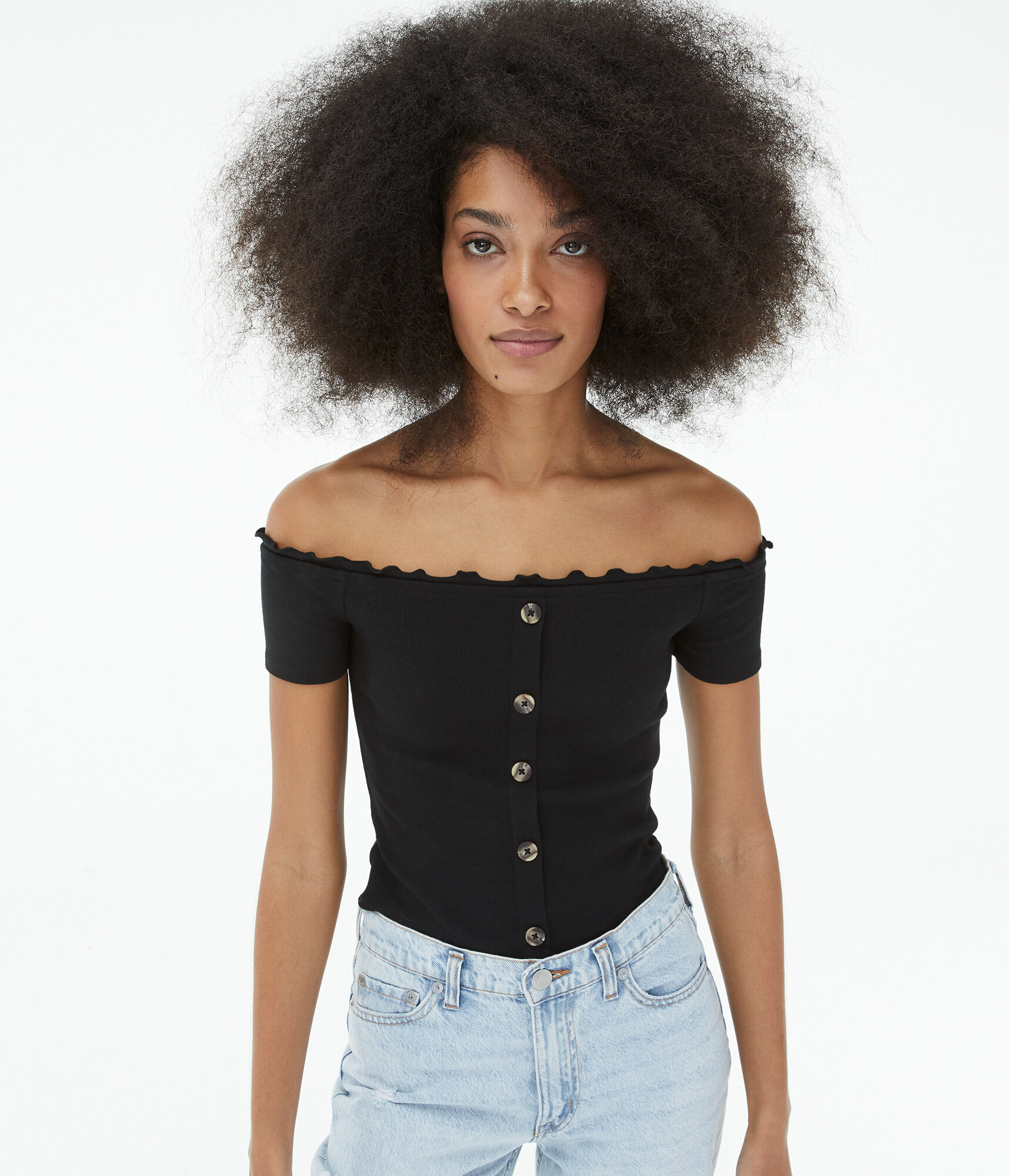 Ribbed Off-The-Shoulder Button-Front Top***