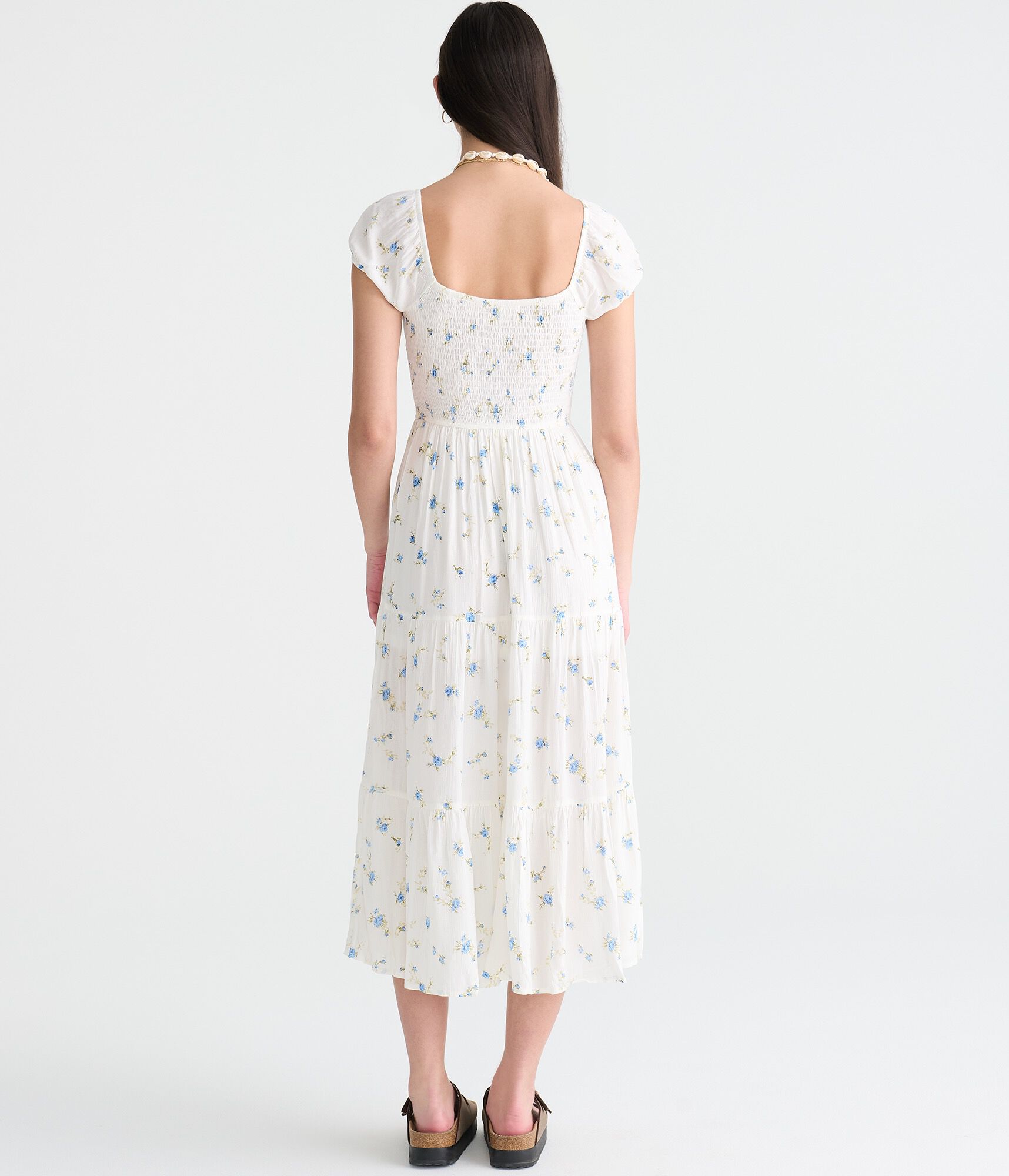 Floral Scoop-Neck Smocked Waist Maxi Dress