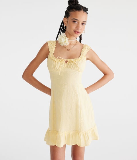 Solid Scoop-Neck Embroidered Floral Mini Dress Solid Scoop-Neck Embroidered Floral Mini Dress