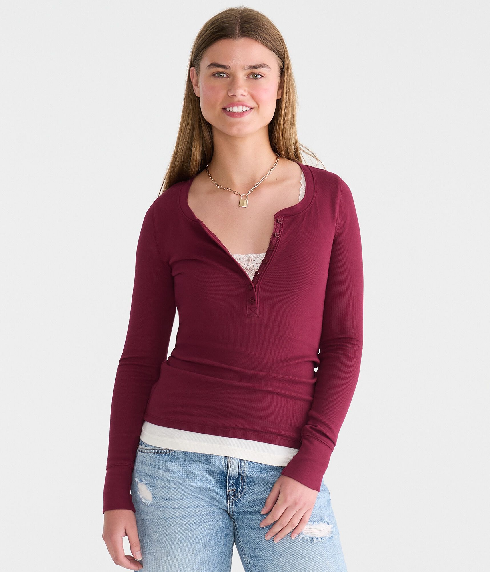 Long Sleeve Solid Ribbed Henley