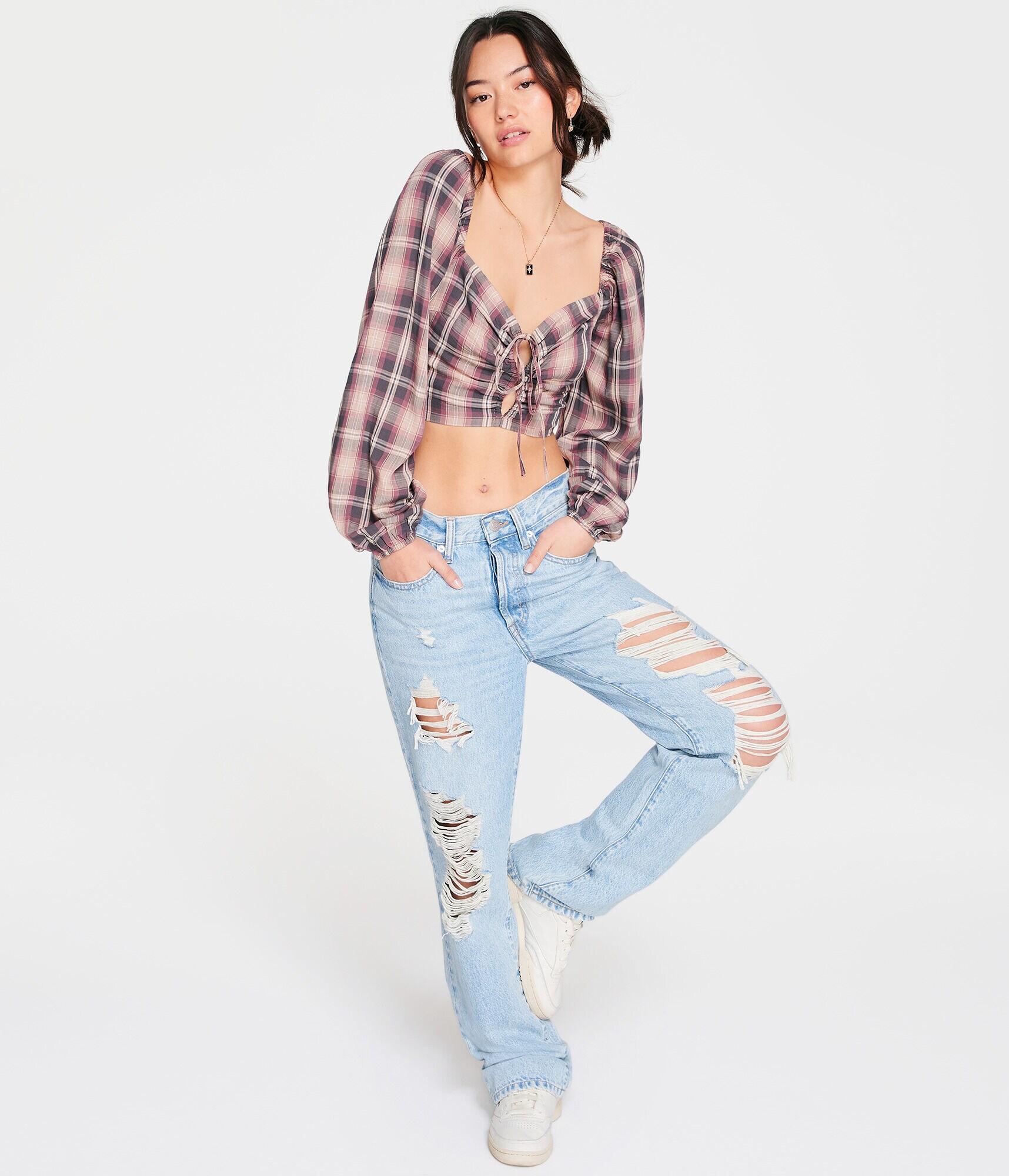 Long Sleeve Plaid Double-Keyhole Crop Top
