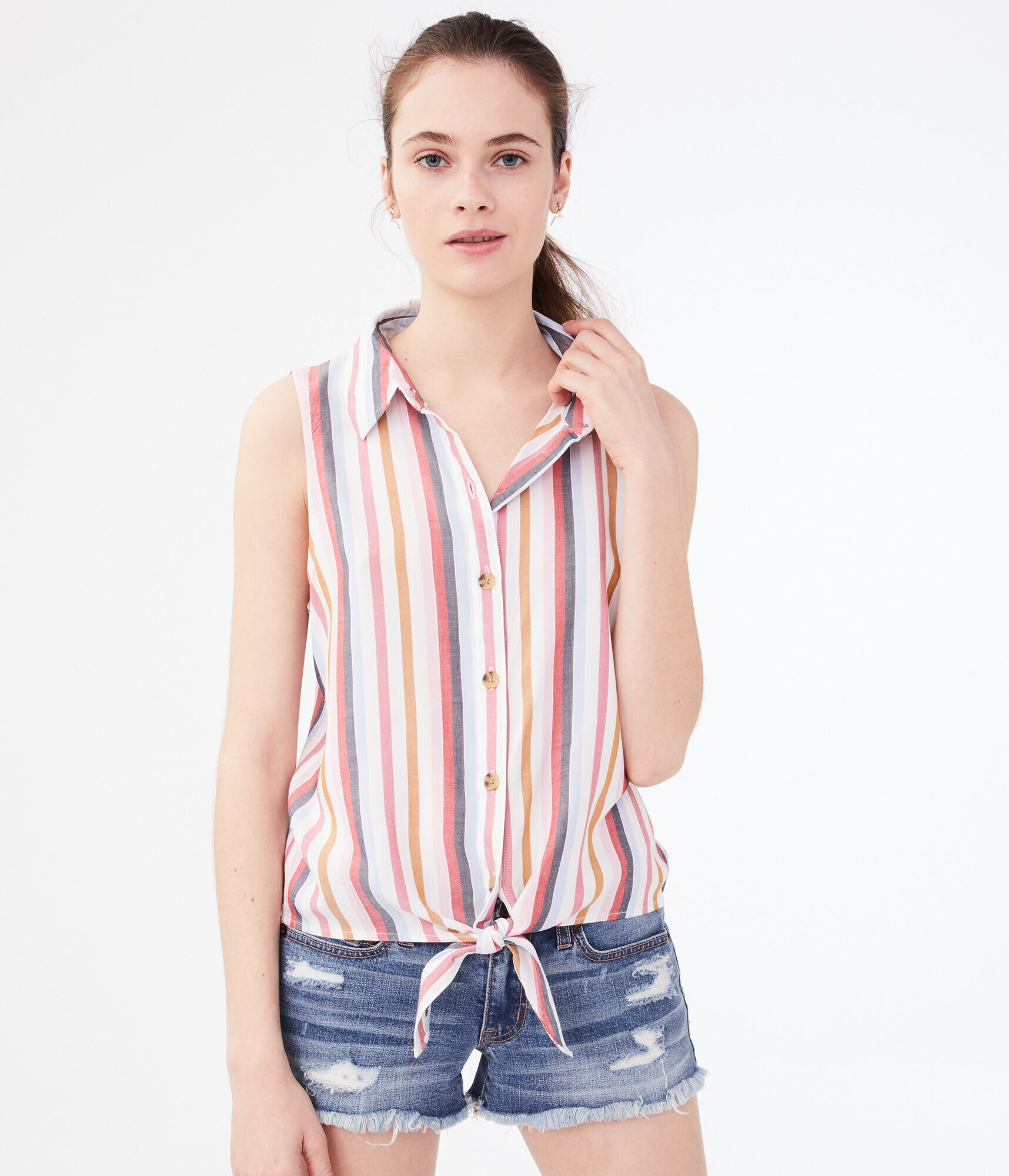 Striped Sleeveless Camp Shirt
