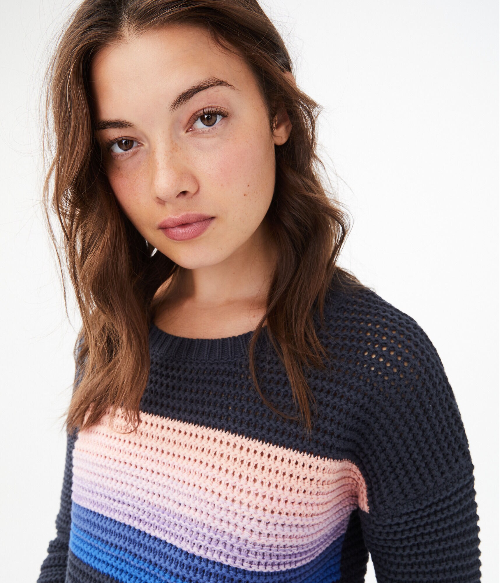 Striped Open-Knit Crew Sweater