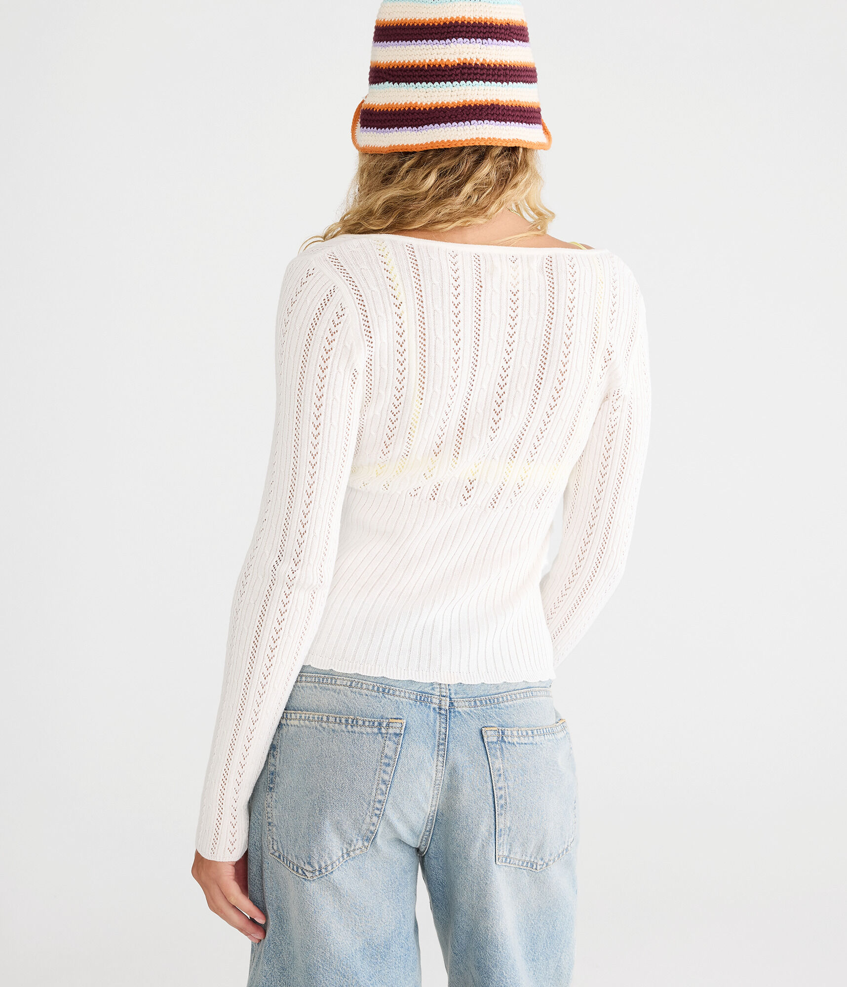 Pointelle Tie-Front Square-Neck Sweater