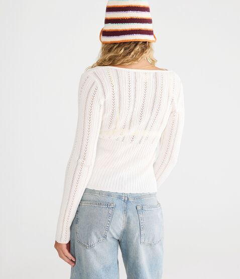 Pointelle Tie-Front Square-Neck Sweater Pointelle Tie-Front Square-Neck Sweater