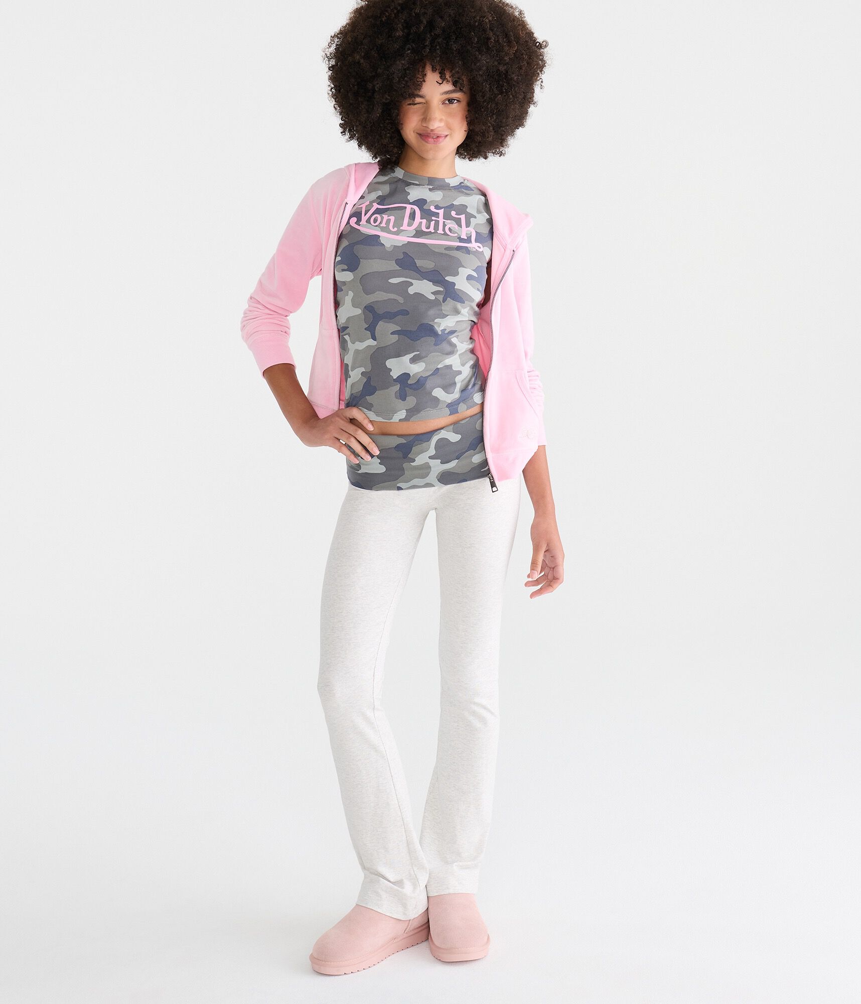 Von Dutch Camo Mid-Rise Fold-Over Bootcut Pants
