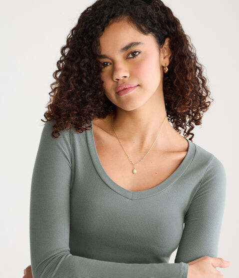 Long Sleeve Seriously Soft Ribbed V-Neck Baby Tee Long Sleeve Seriously Soft Ribbed V-Neck Baby Tee