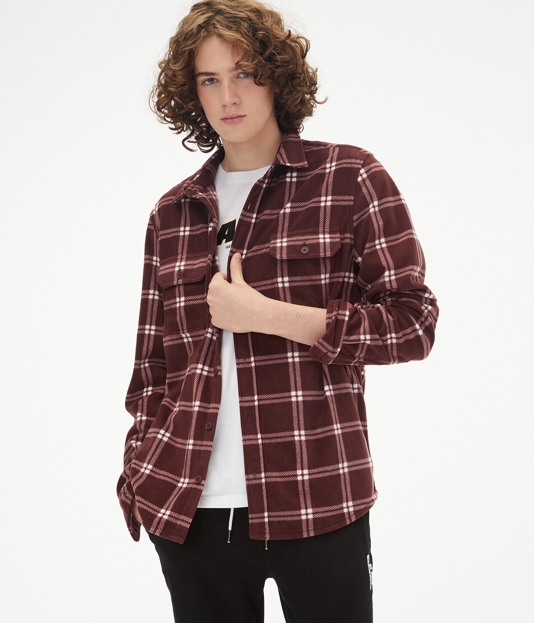 Long Sleeve Plaid Microfleece Button-Down Shirt