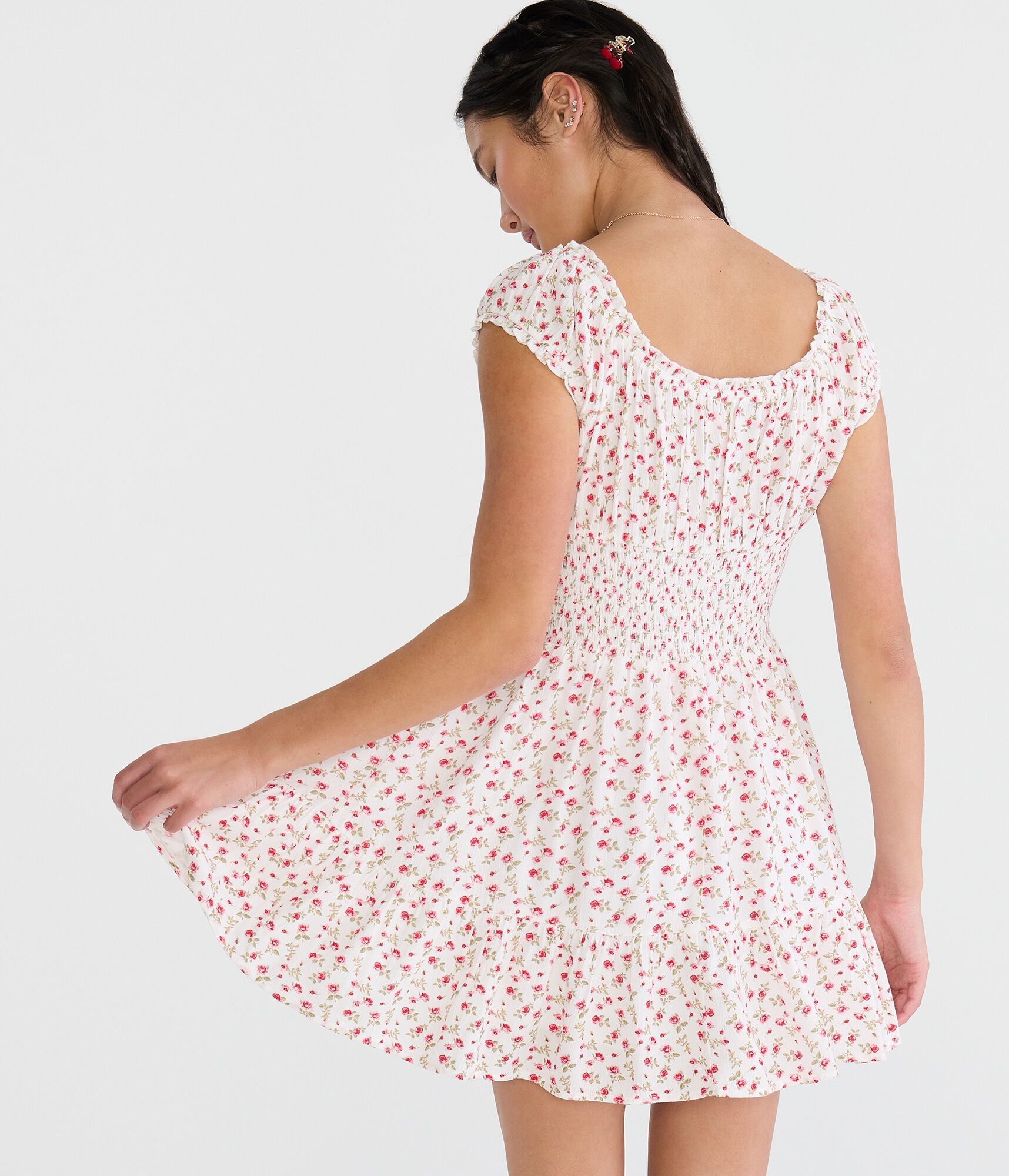 Floral Square-Neck Smocked Fit &amp; Flare Mini Dress