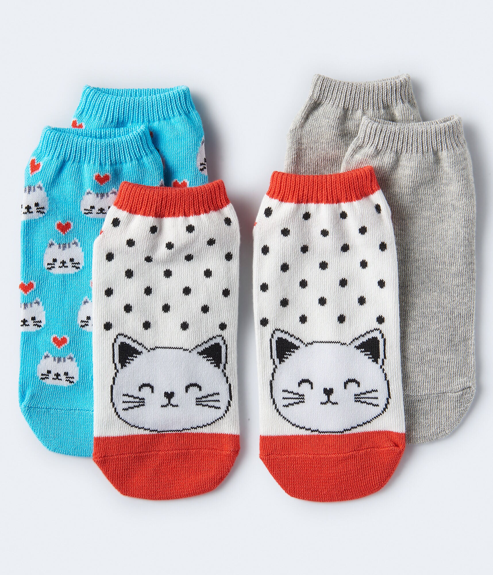 3 Pack Cat Face Heart Cats Solid Ankle Socks