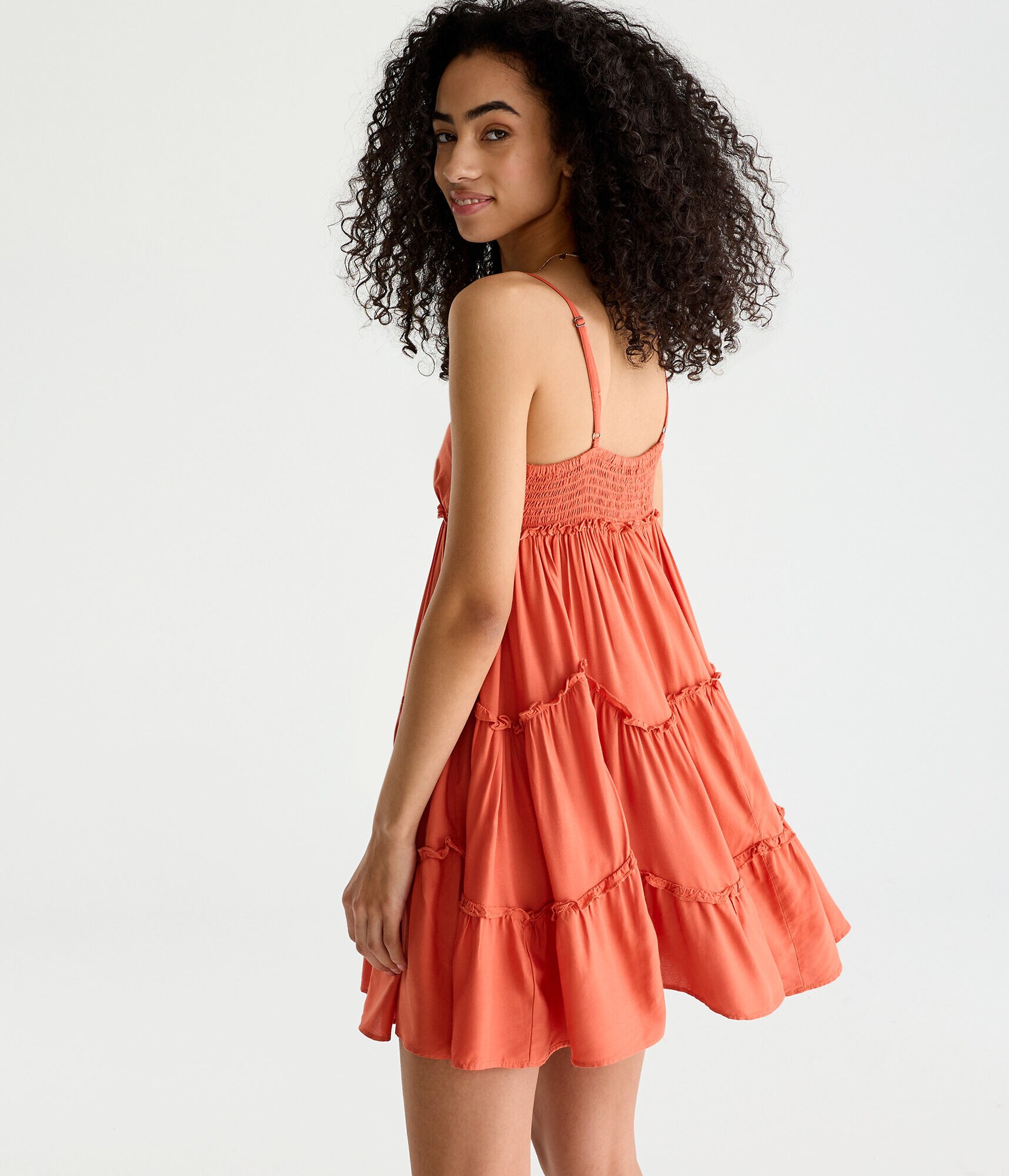 Solid V-Neck Wavy Ruffle Babydoll Dress
