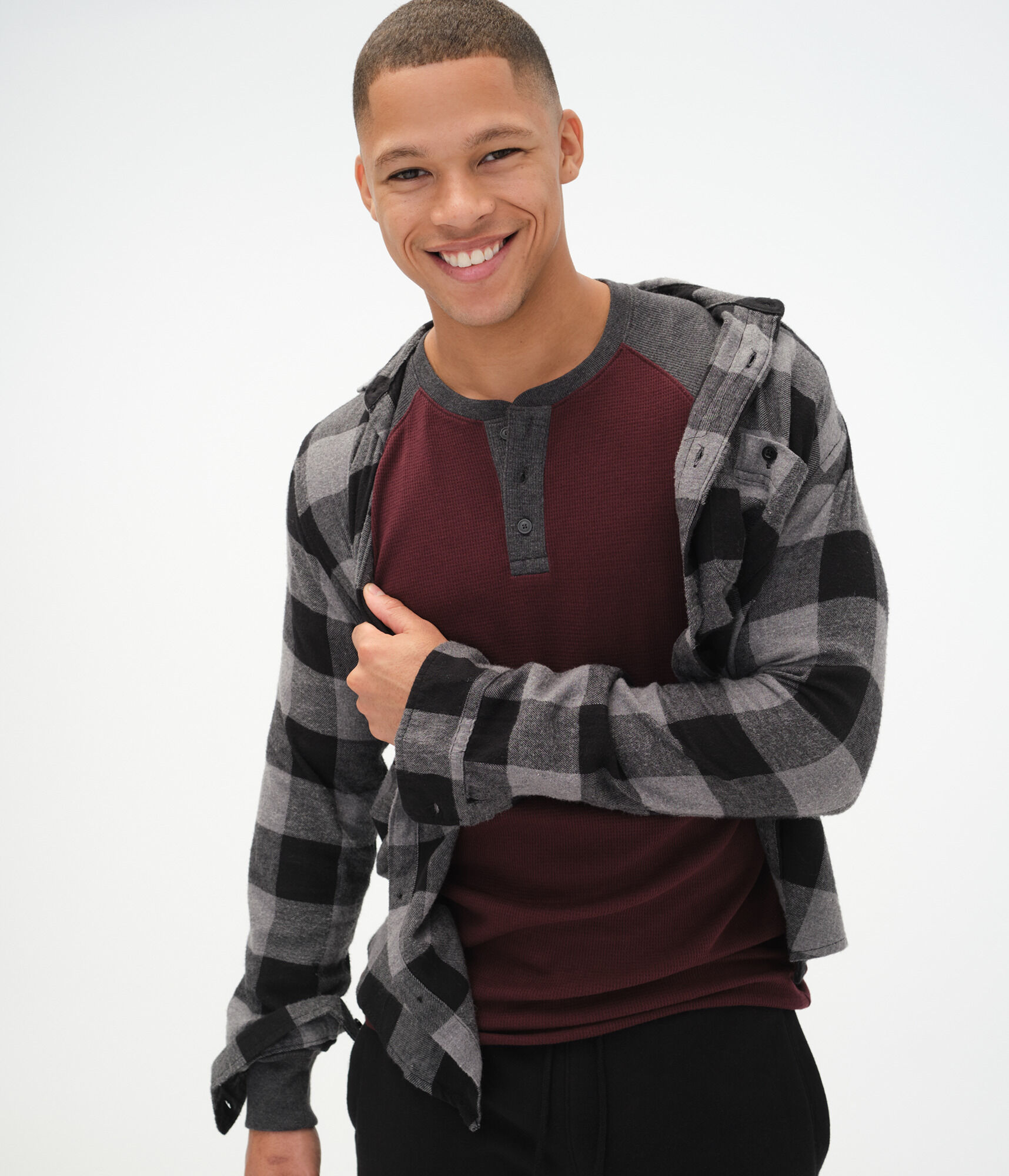 Long Sleeve Waffle-Knit Raglan Henley