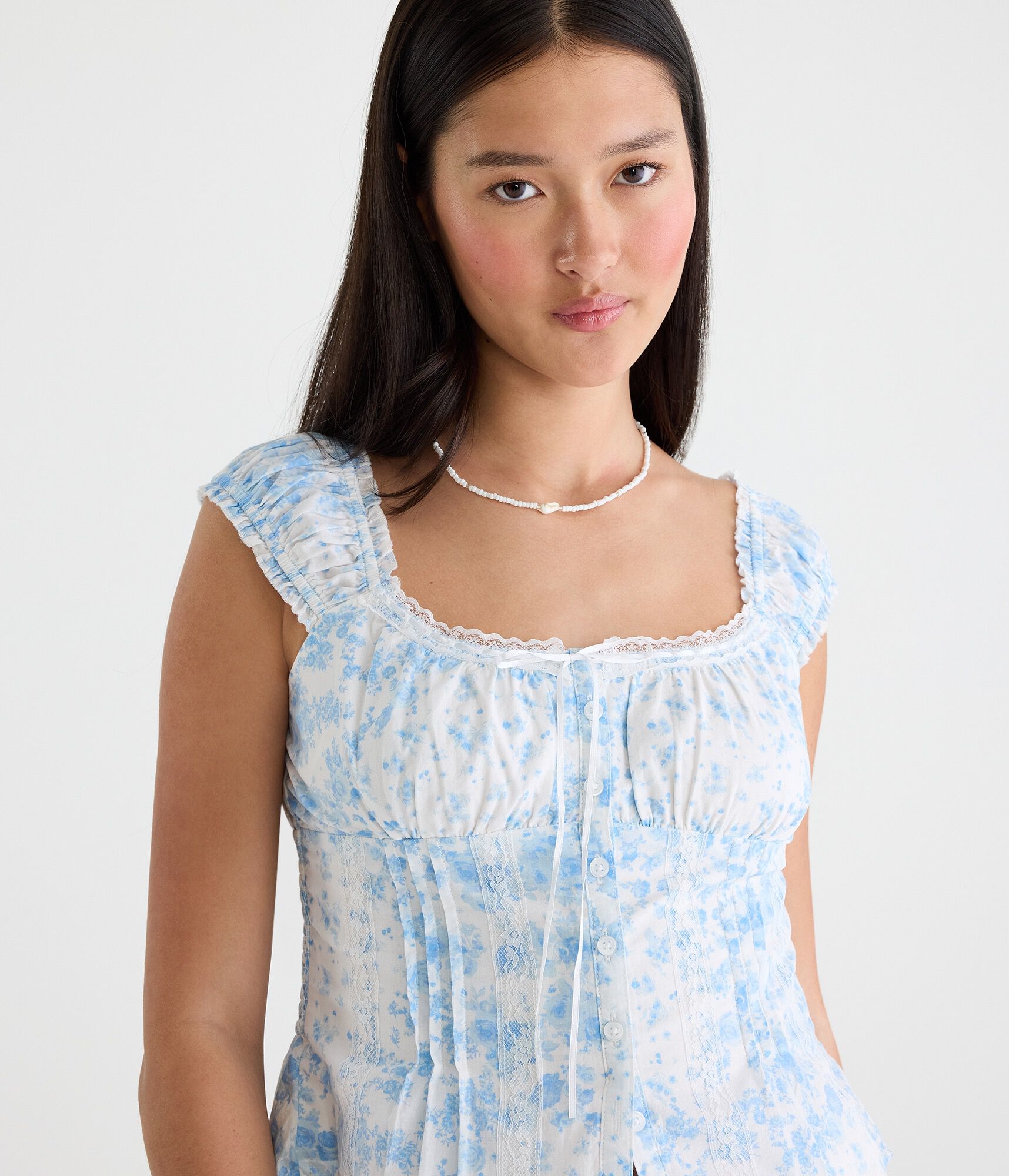Floral Pintuck &amp; Lace Scoop-Neck Corset Top