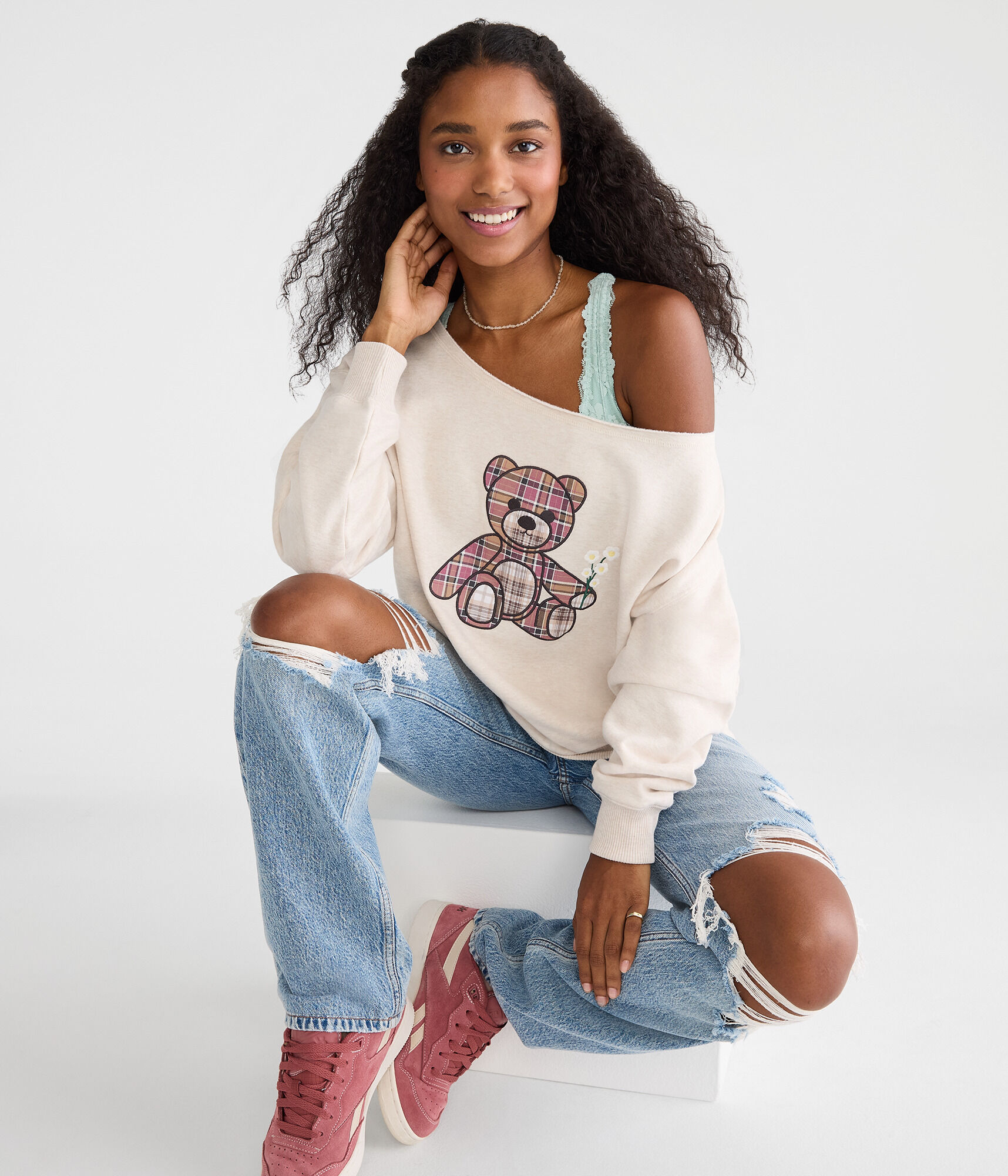 Plaid Teddy Bear Off-The-Shoulder Sweatshirt