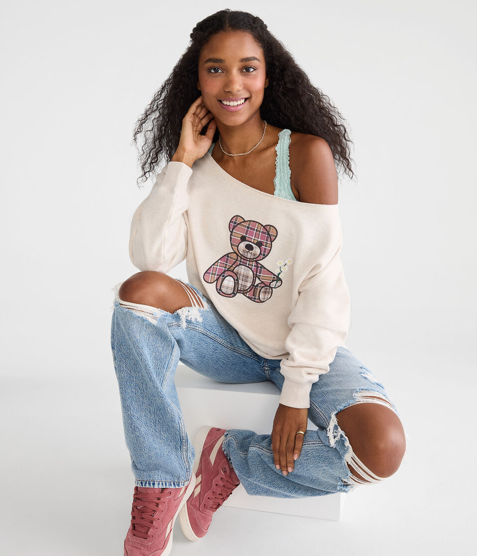 Cloud Soft Plaid Teddy Bear Off-The-Shoulder Sweatshirt
