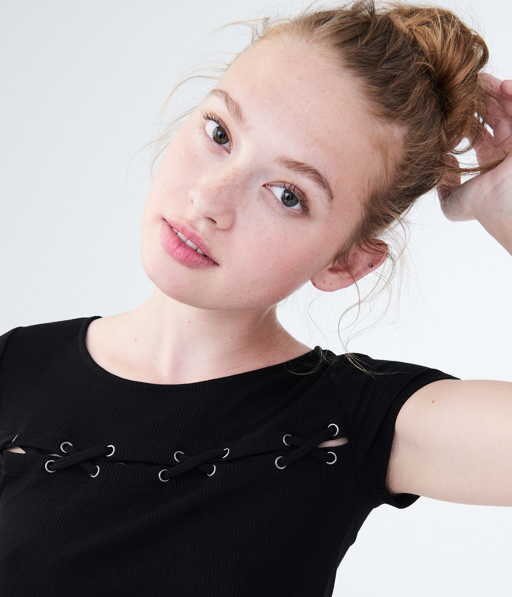 Lace-Up Yoke Bodycon Top