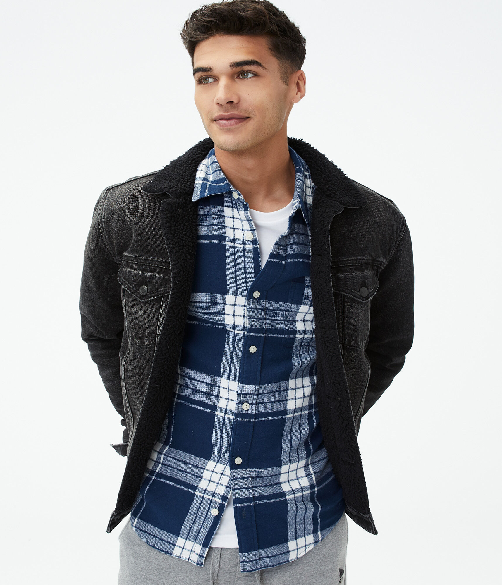 Long Sleeve Windowpane Plaid Flannel Button-Down Shirt