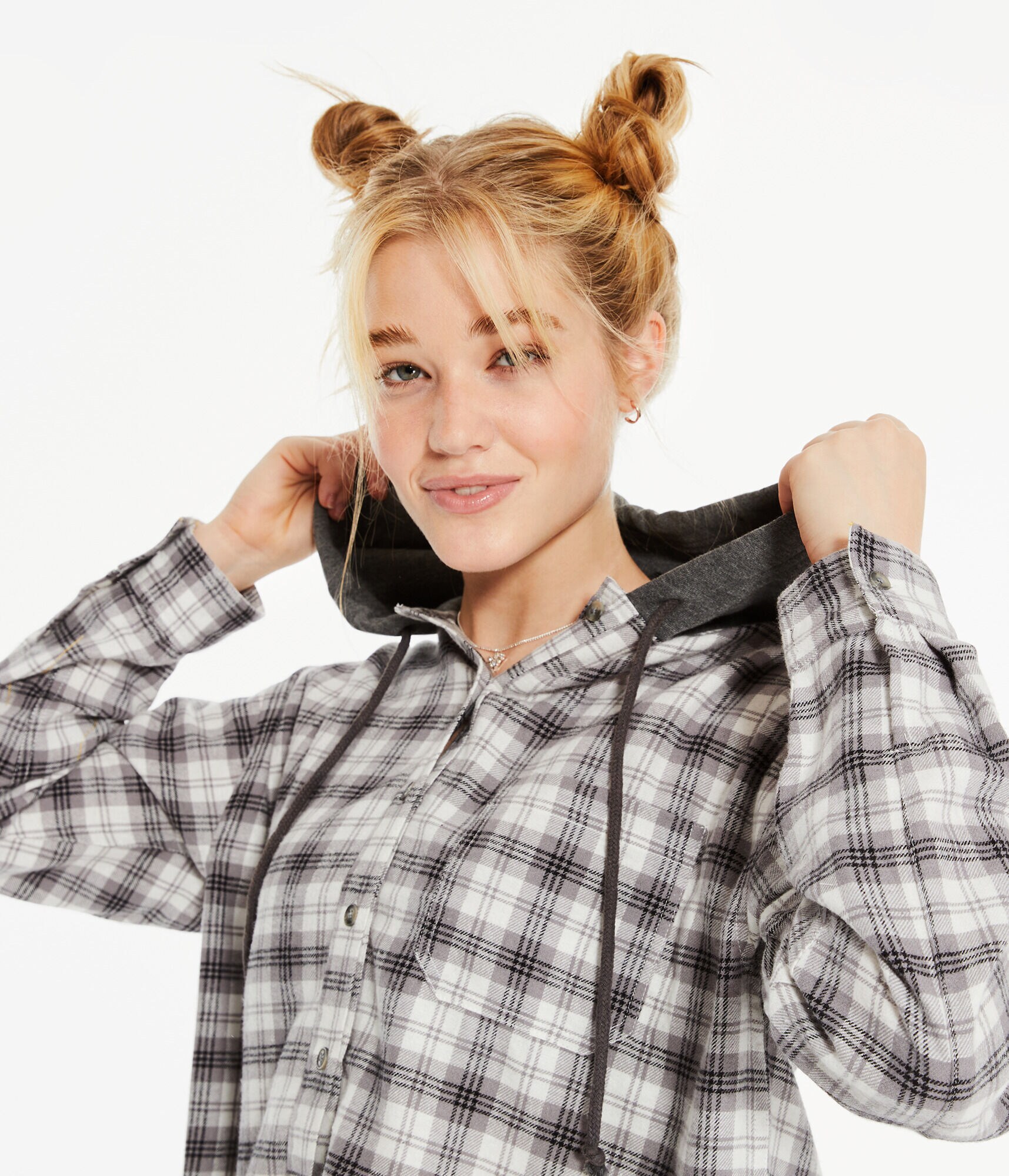 Long Sleeve Plaid Hooded Button-Down Shirt