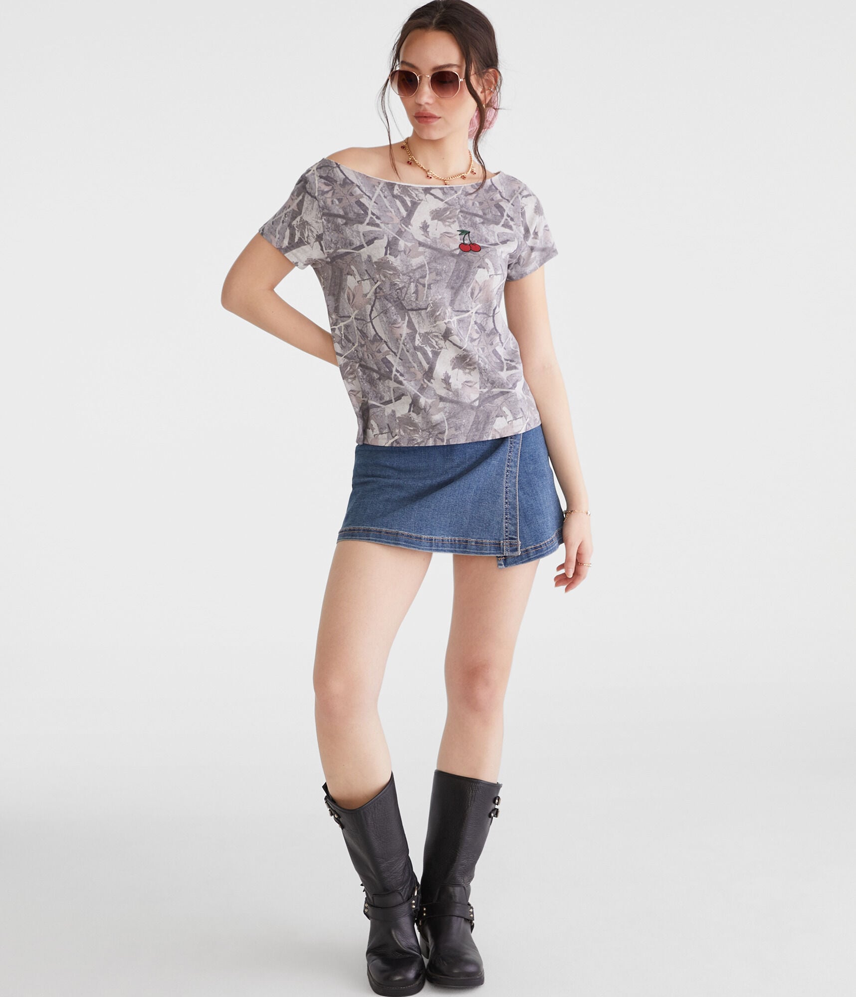 Seriously Soft Camo Cherry Off-The-Shoulder Vintage Fit Graphic Tee
