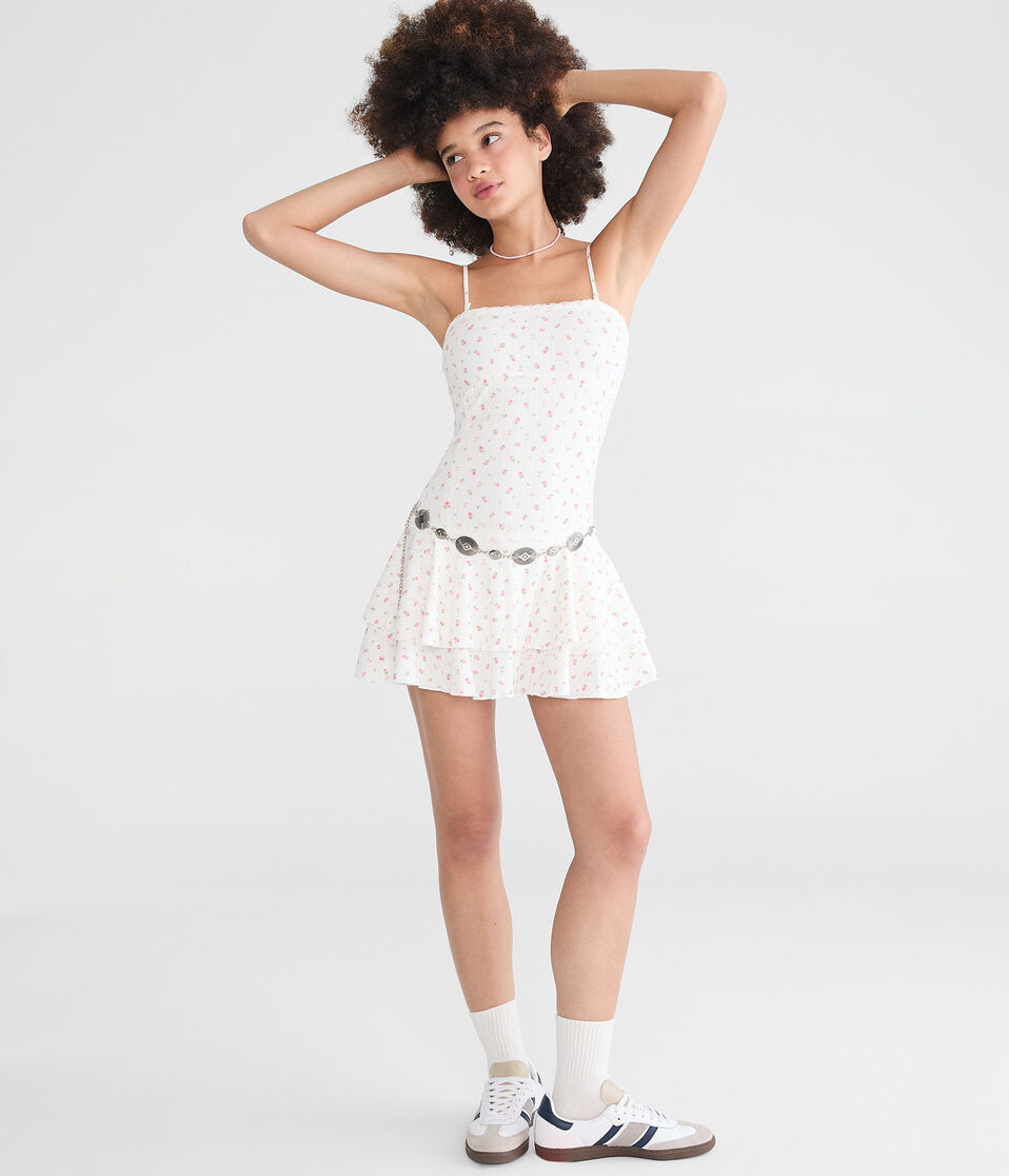 Floral Strapless Pointelle Drop-Waist Mini Dress