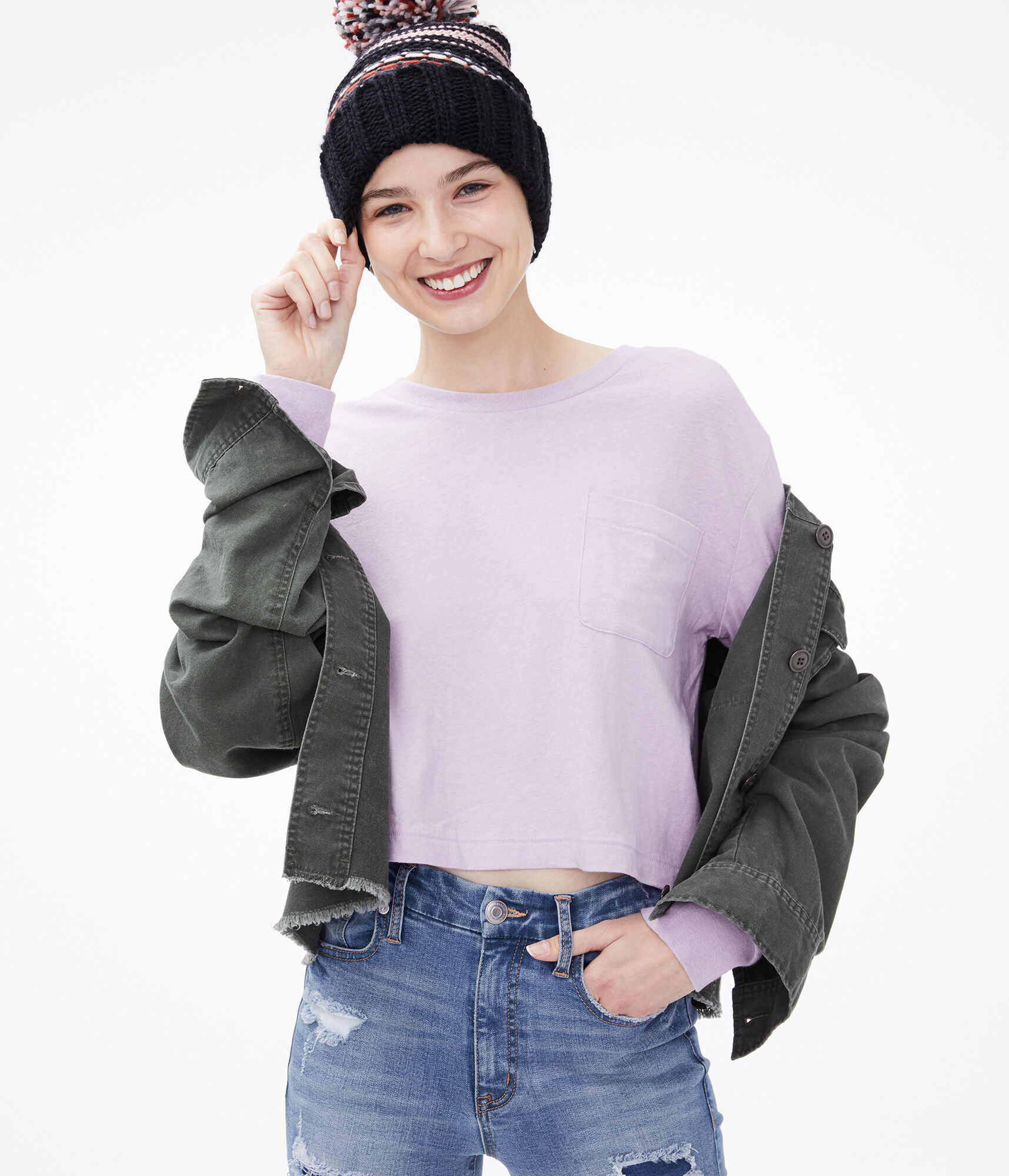 Long Sleeve Boxy Cropped Pocket Tee
