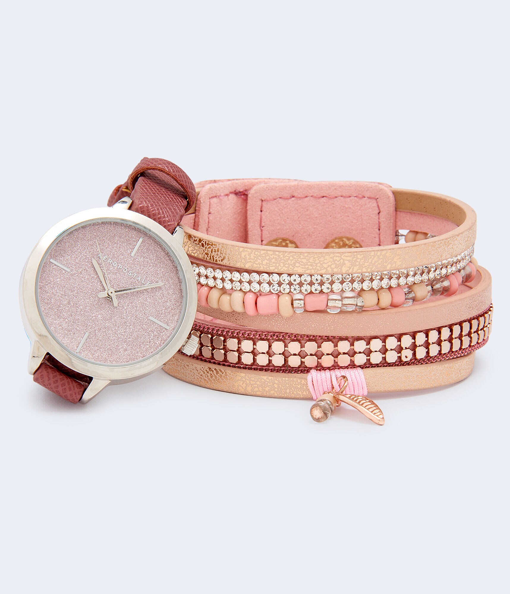 Faux Leather Glitter Analog Watch &amp; Bracelet Set