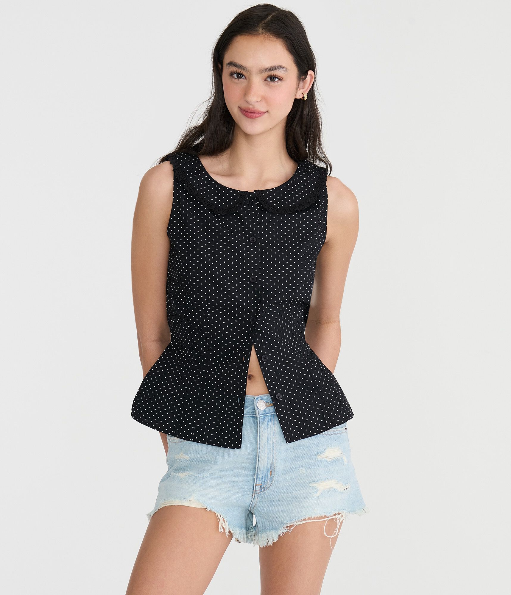 Polka Dot Tie-Back Sleeveless Peter Pan Top