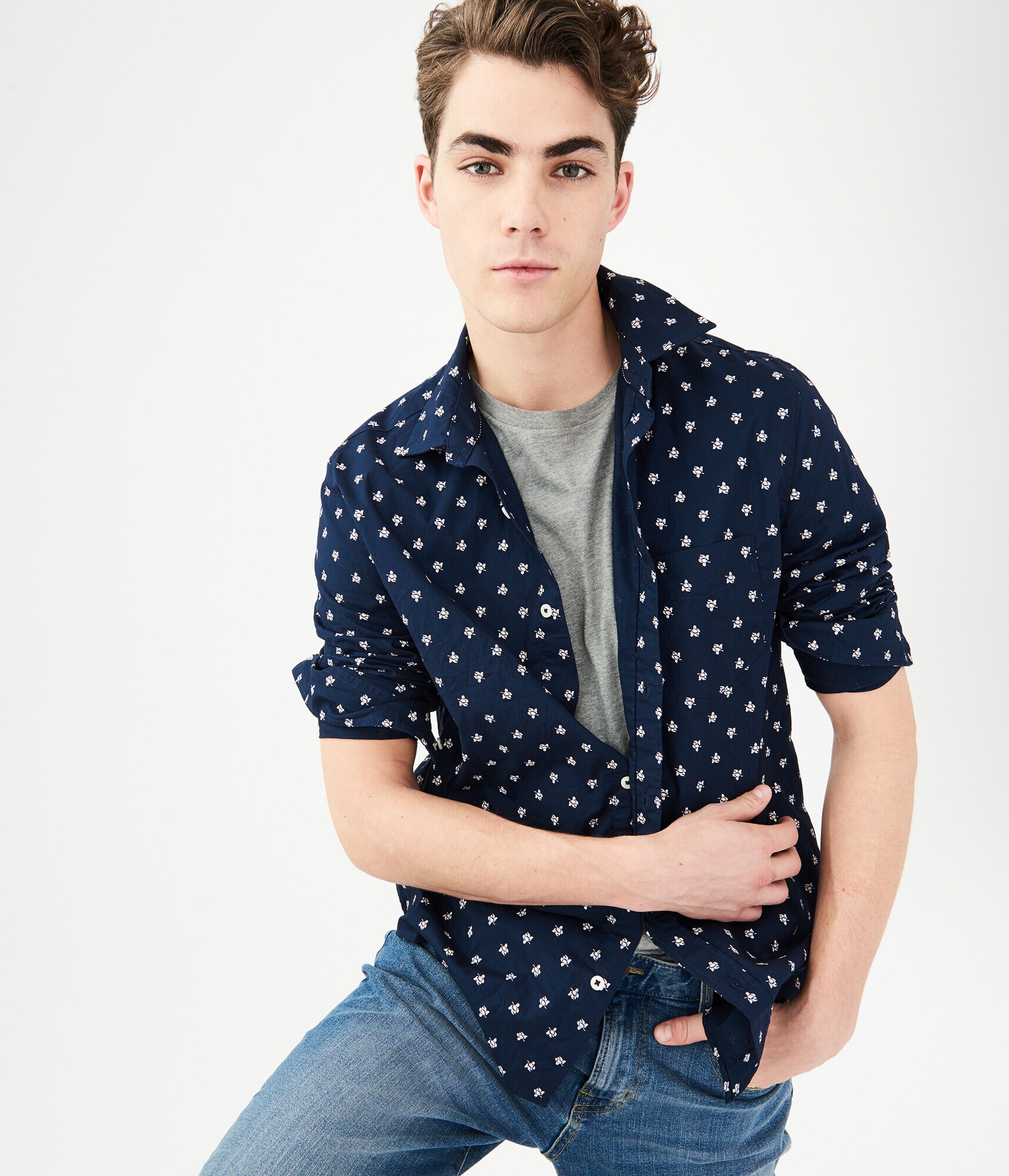 Long Sleeve Flower Print Woven Shirt