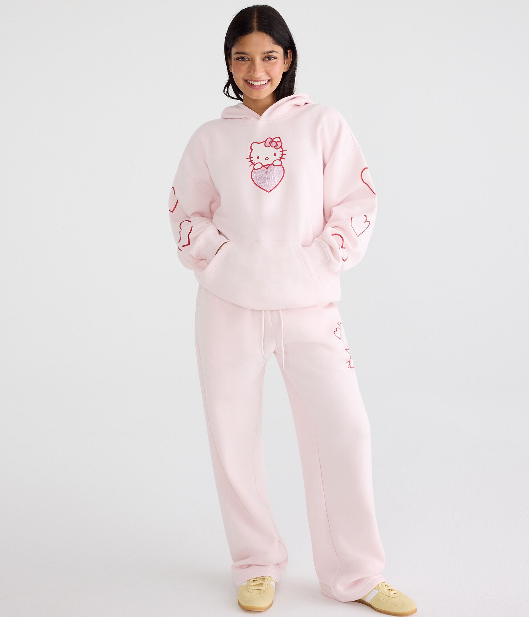 Hello Kitty Rhinestone Hearts Oversized Pullover Hoodie
