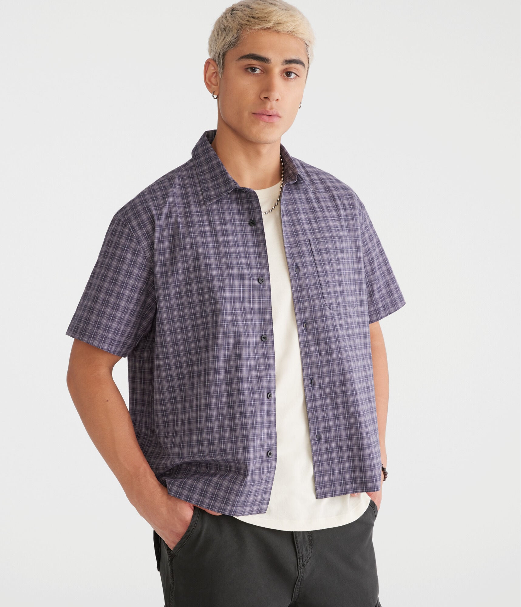 Short Sleeve Micro Plaid Boxy Shirt