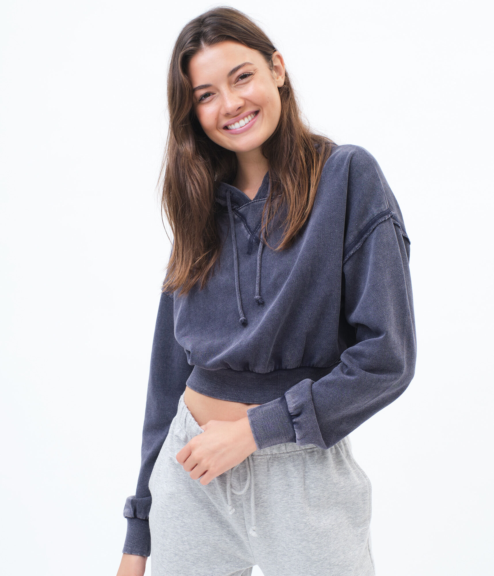 Indigo Wash Shrunken Pullover Hoodie