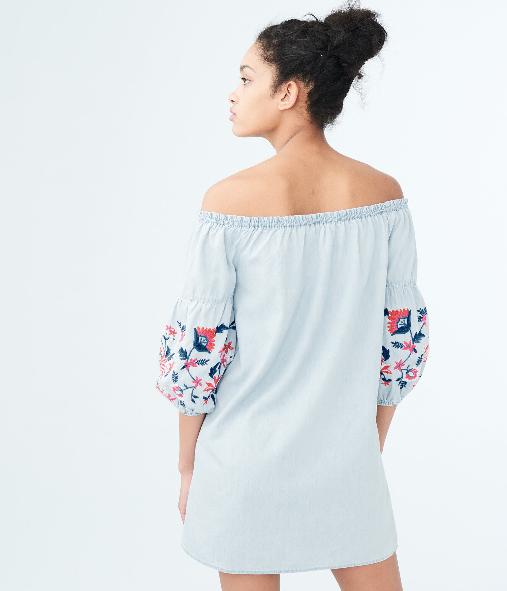 Solid Off-The-Shoulder Embroidered Chambray Shift Dress