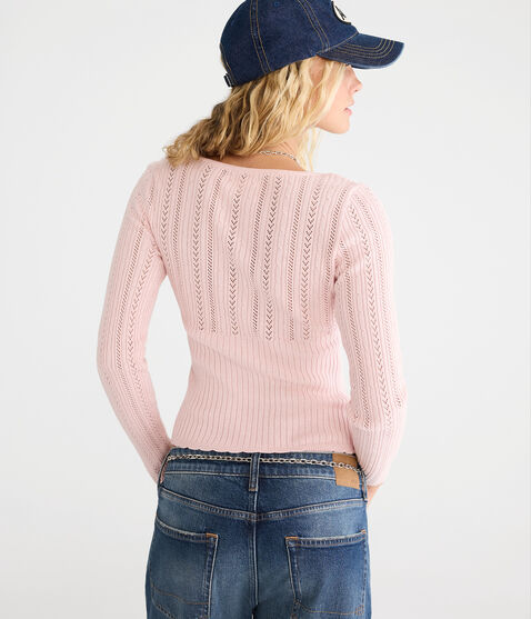 Pointelle Tie-Front Square-Neck Sweater