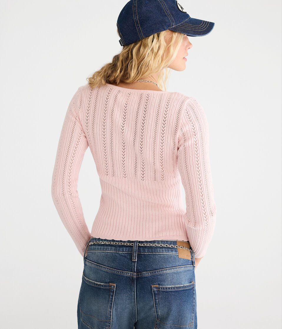 Pointelle Tie-Front Square-Neck Sweater