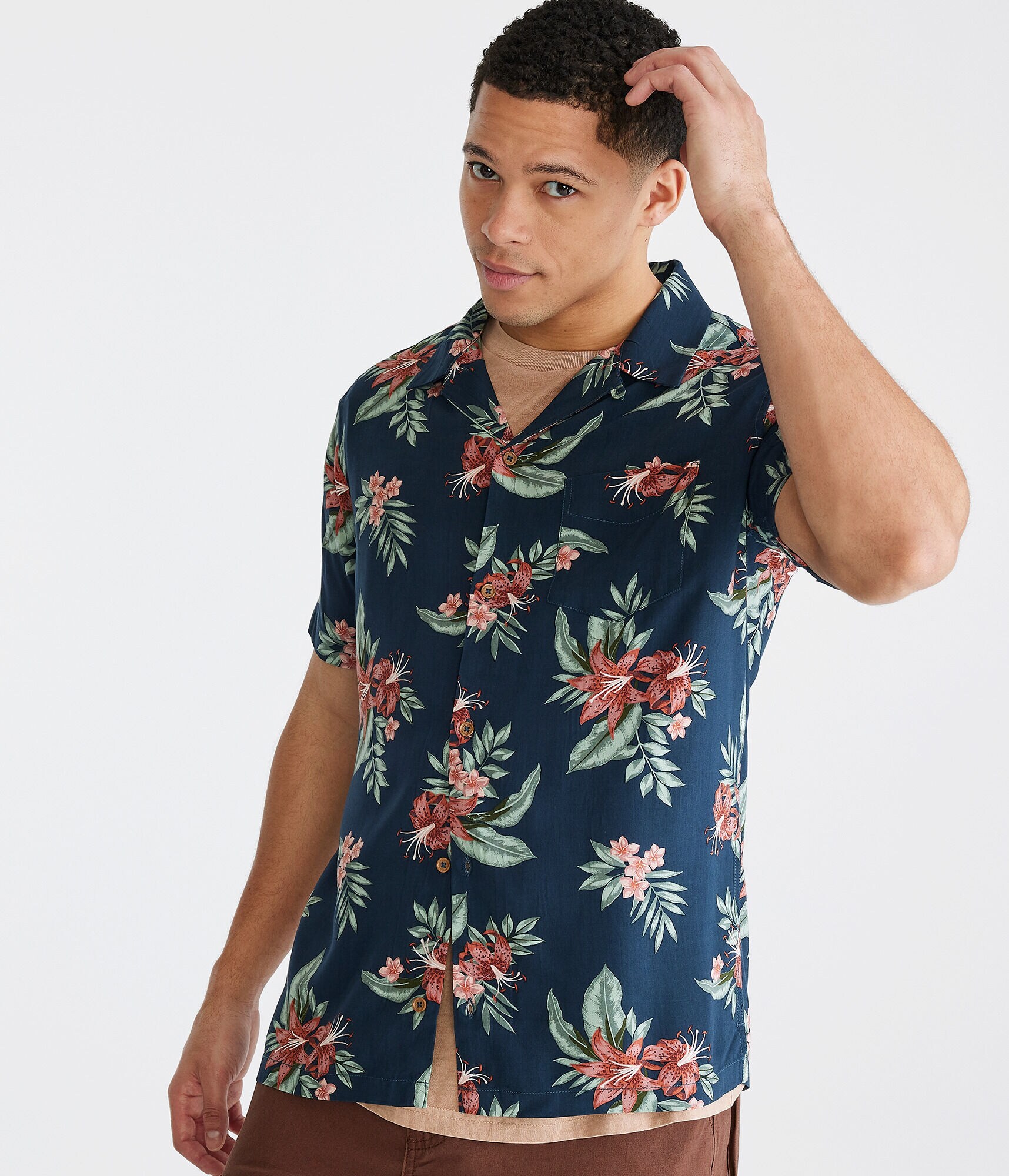 Tropical Floral Print Camp Shirt