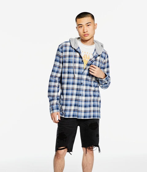 Long Sleeve Plaid Flannel Hooded Button-Down Shirt