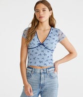 Floral Mesh V-Neck Crop Top